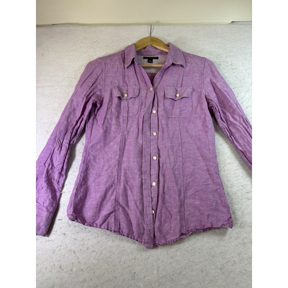 Banana Republic Linen Cotton Button Up Shirt Women's Size 8 Purple L/SL Pockets